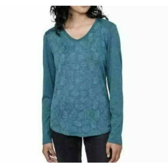 Seg'Ments Tops - Seg'Ments Women's Teal Green Leaf Print Long Sleeve Merino Wool Shirt Top Small